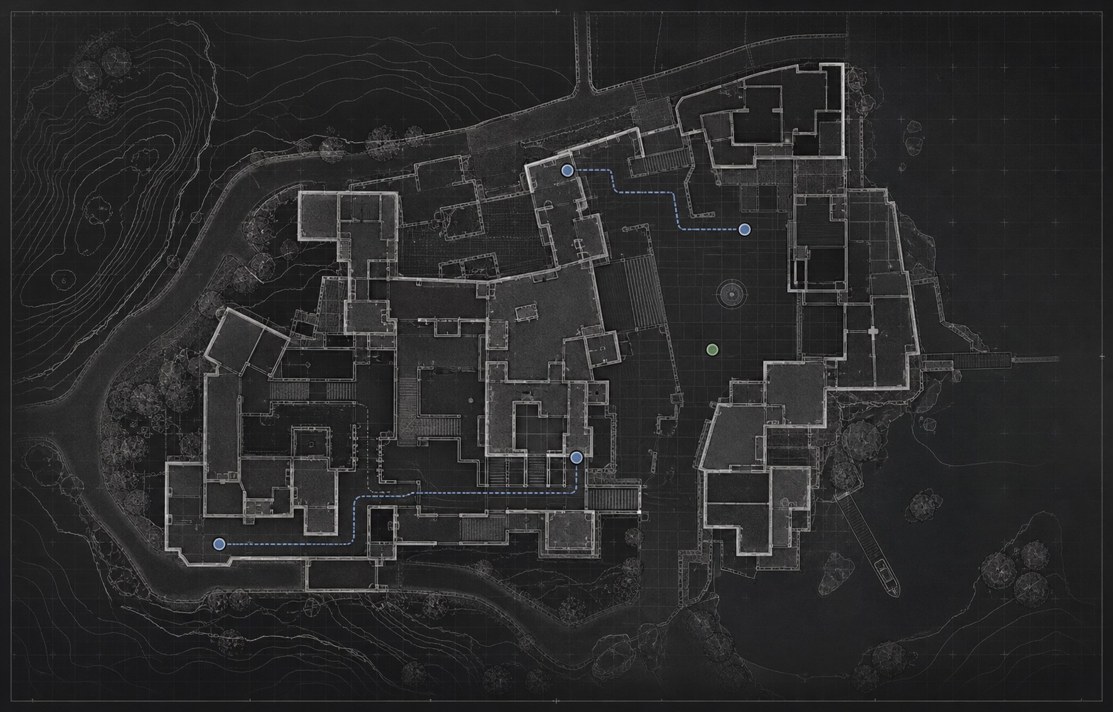 Dark architectural overview map with restrained route and position markers.