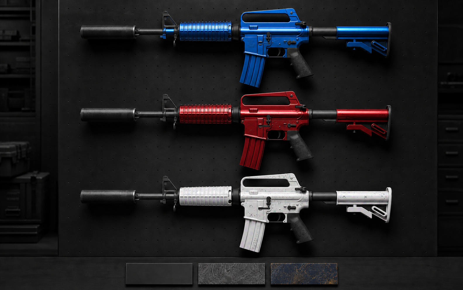 Three suppressed M4A1-S rifles displayed with premium blue, red and pearlescent white CS2 finishes
