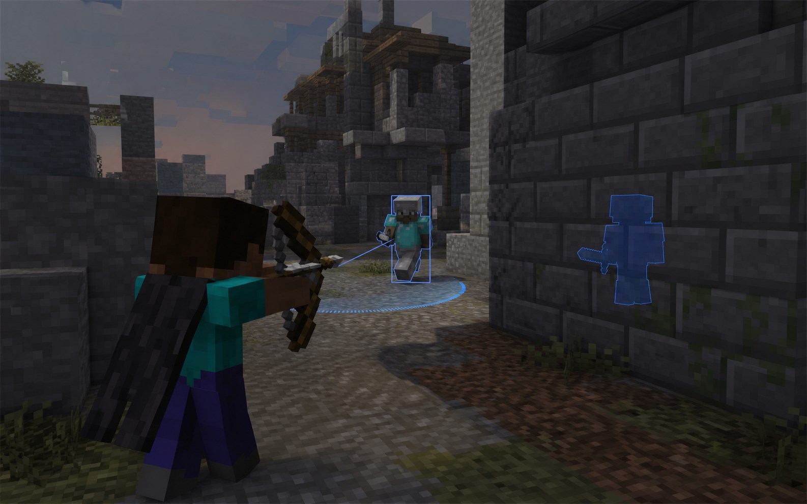 Minecraft combat scene with restrained target, aim-range, and through-wall awareness overlays